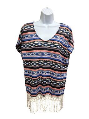 Concent Southwestern Aztec Print Fringe Tunic Top Size XL